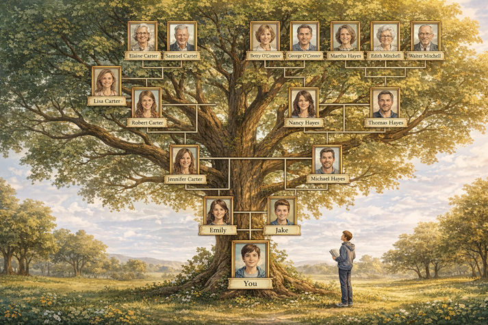 A large, branching family tree growing from a single person at the bottom, with photos, names, and lines connecting relatives across generations.